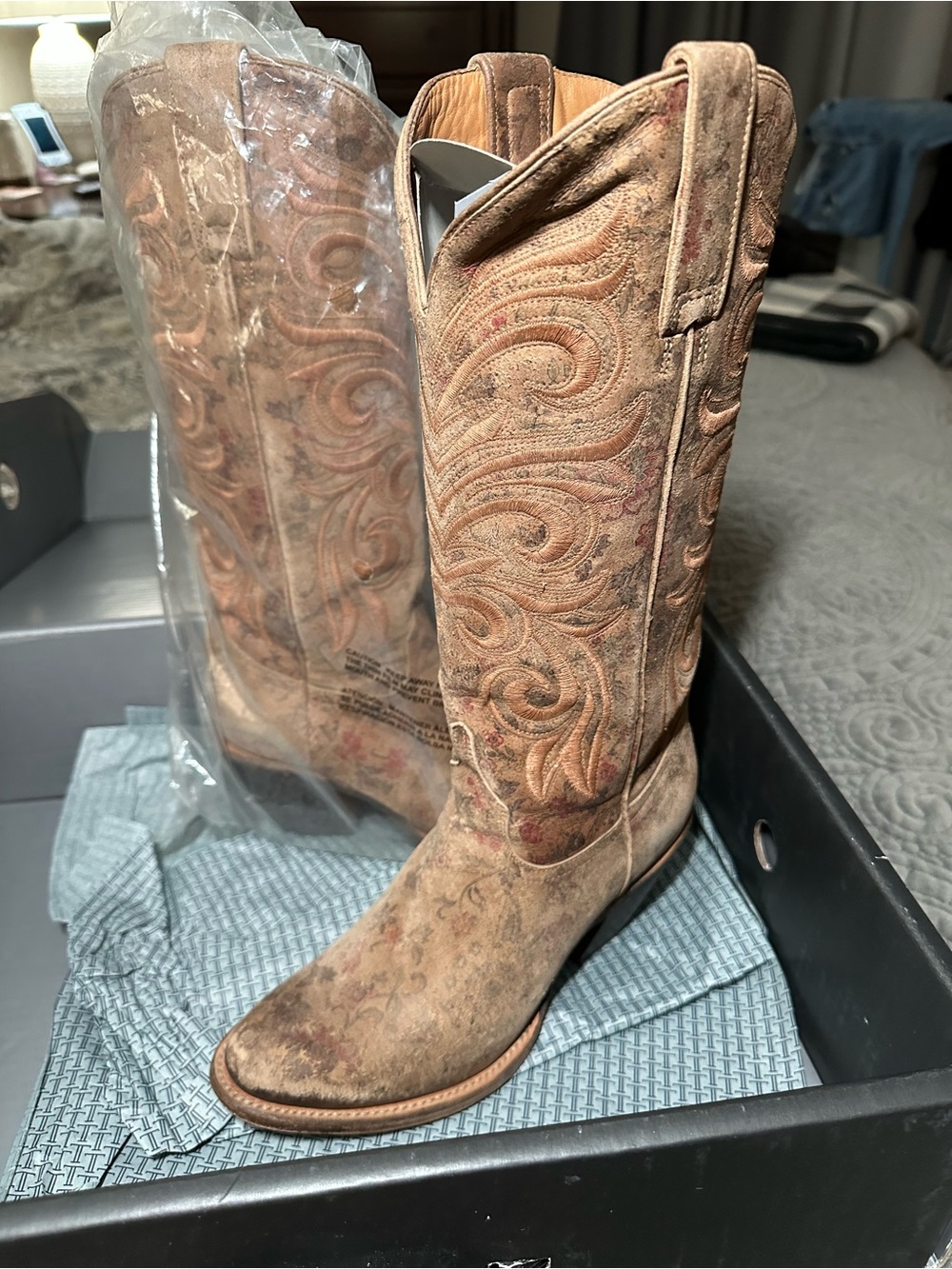 Lucchese Distressed Tan Floral Embroidered Cowboy Boots